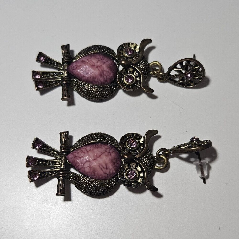 Gold Tone Dangling Owl With Purple Earrings - Picture 11 of 11